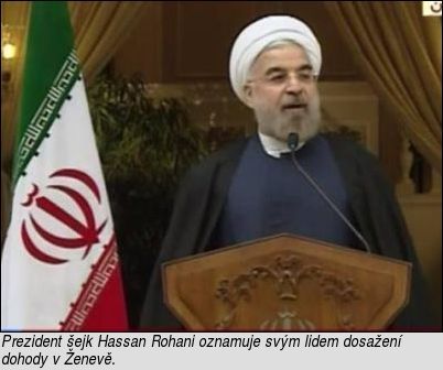 [Prezident šejk Hassan Rohani oznamuje svým lidem dosažení dohody v Ženevě.]